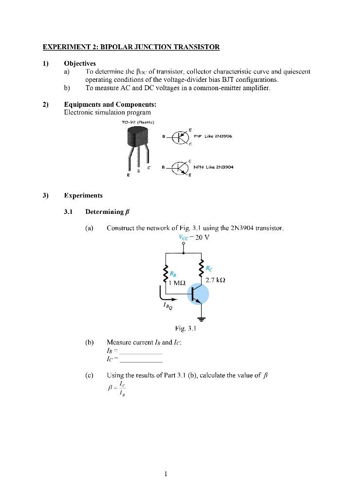 Solved EXPERIMENT 2: BIPOLAR JUNCTION TRANSISTOR 1) | Chegg.com