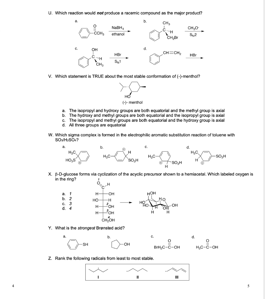 Solved U. Which reaction would not produce a racemic | Chegg.com