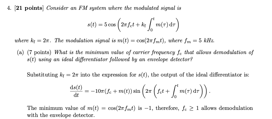 Solved (b) (7 points) Find the instantaneous frequency fi(t) | Chegg.com