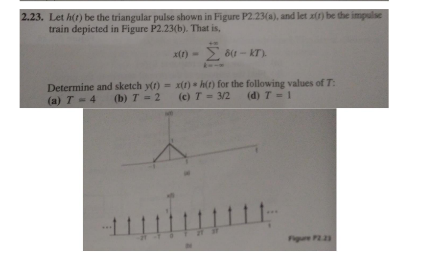 23. Let \( h(t) \) be the triangular pulse shown in Figure \( P 2.23(\mathrm{a}) \), and let \( x(t) \) be the impulse train 