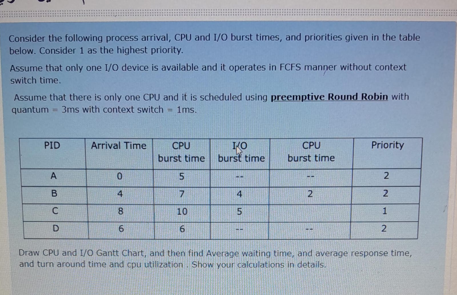 Solved Consider The Following Process Arrival, CPU And I/O | Chegg.com