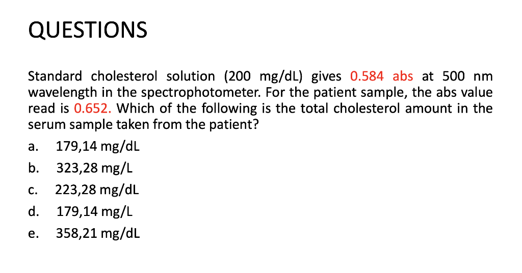 Solved Standard cholesterol solution (200mg/dL ) gives 0.584
