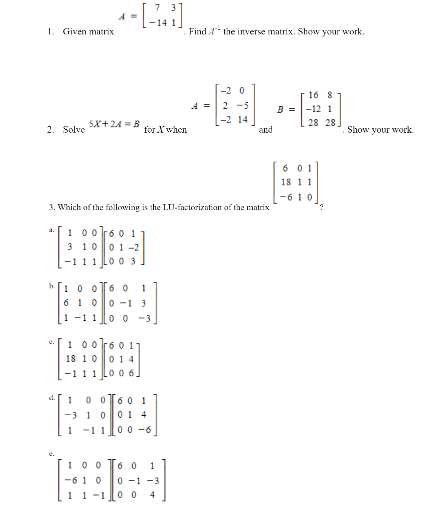 Solved Linear Algebra, Help Please. Show All Work So I Can | Chegg.com