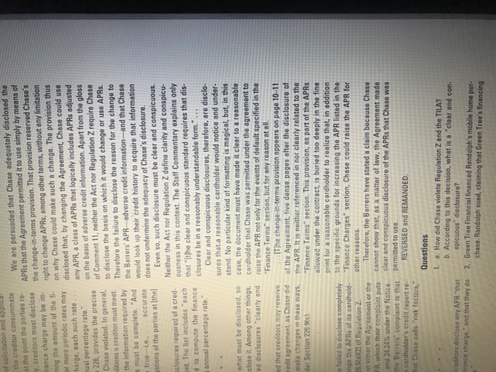 Solved How did chase violate Regulation Z and the TILA the