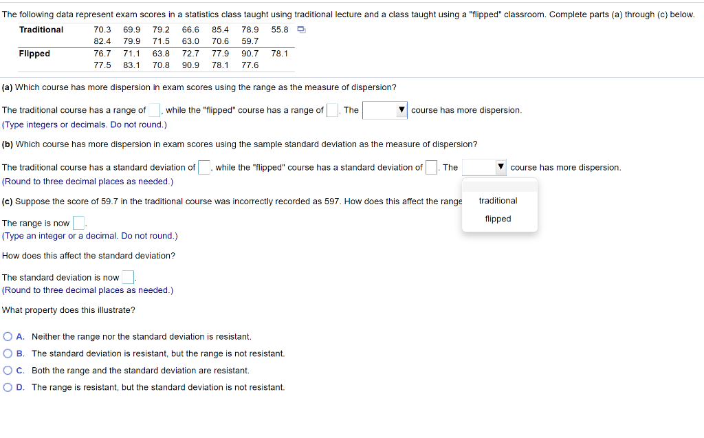 Solved The following data represent exam scores in a | Chegg.com