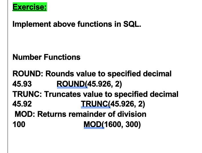 Solved Exercise: Implement above functions in SQL. Number | Chegg.com