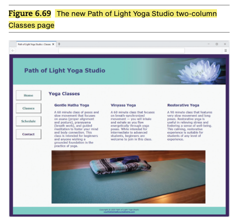 Figure 6.69 The new Path of Light Yoga Studio two-column
Classes page
Path of Light Yoga Studio