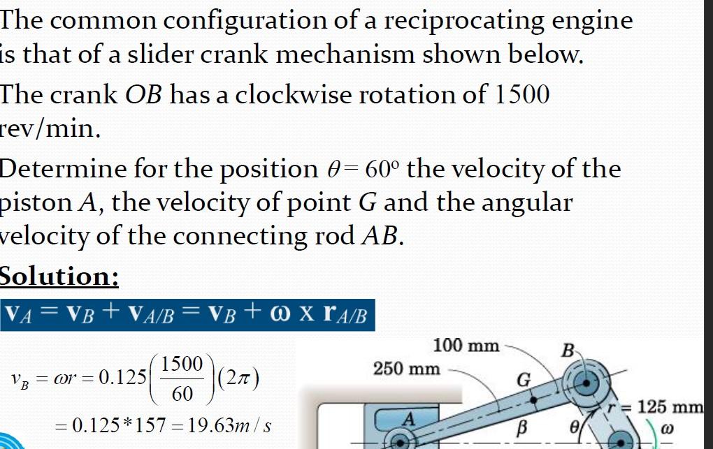 The common configuration of a reciprocating engine
is that of a slider crank mechanism shown below.
The crank OB has a clockw