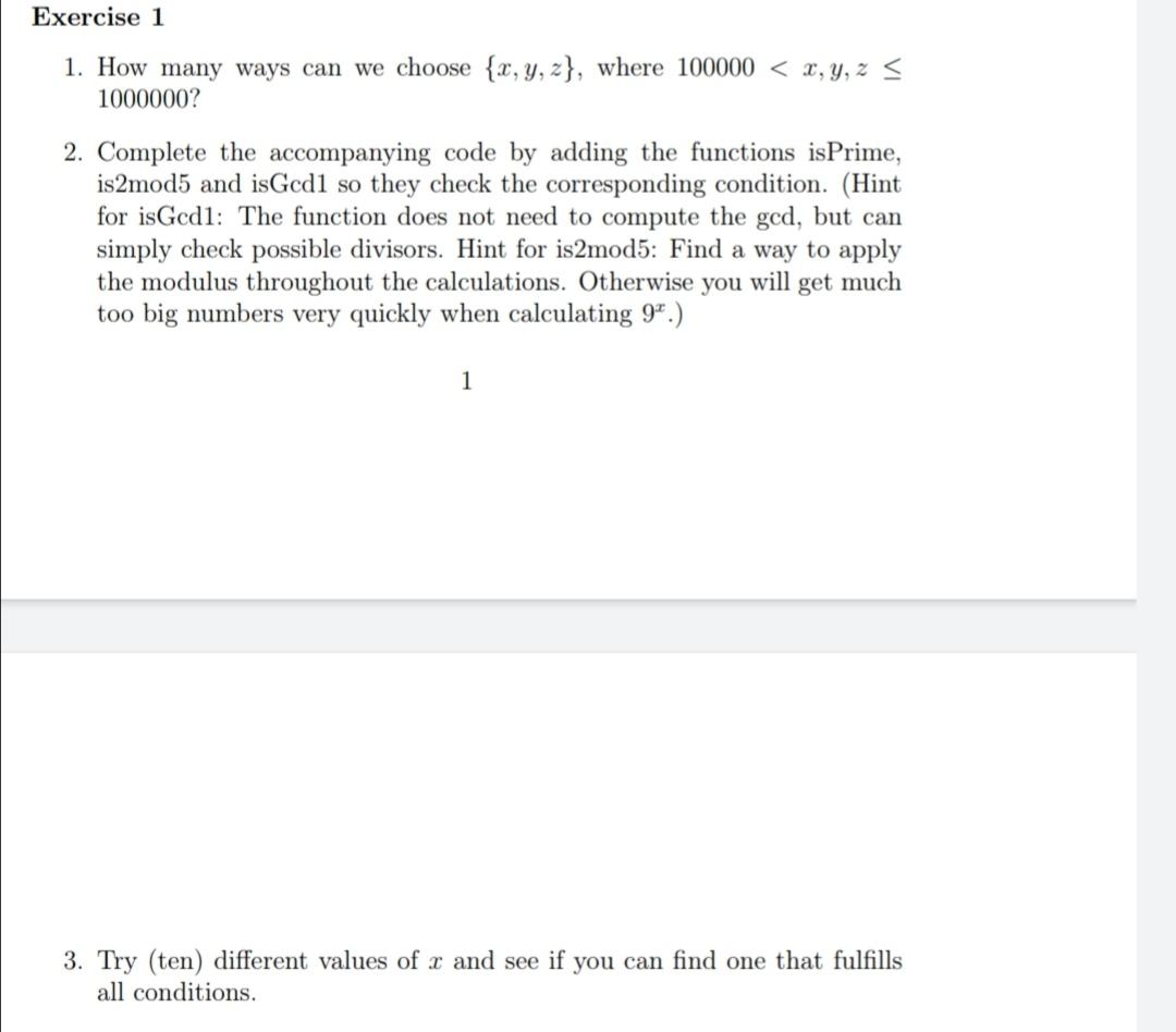 Solved Exercise 1 1. How many ways can we choose {x,y,z}, | Chegg.com