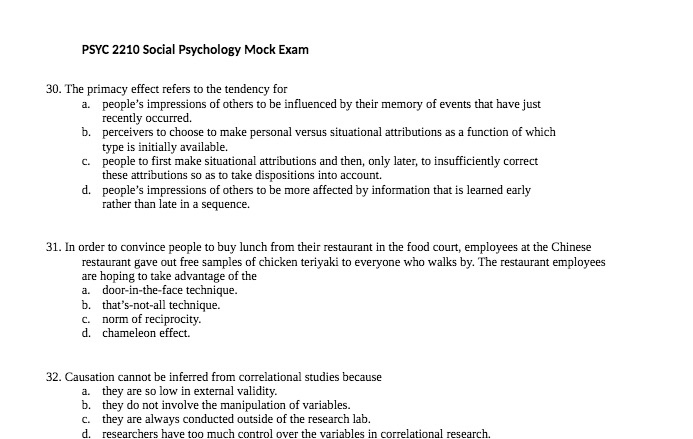 Solved Psyc 2210 Social Psychology Mock Exam 30 The Prim