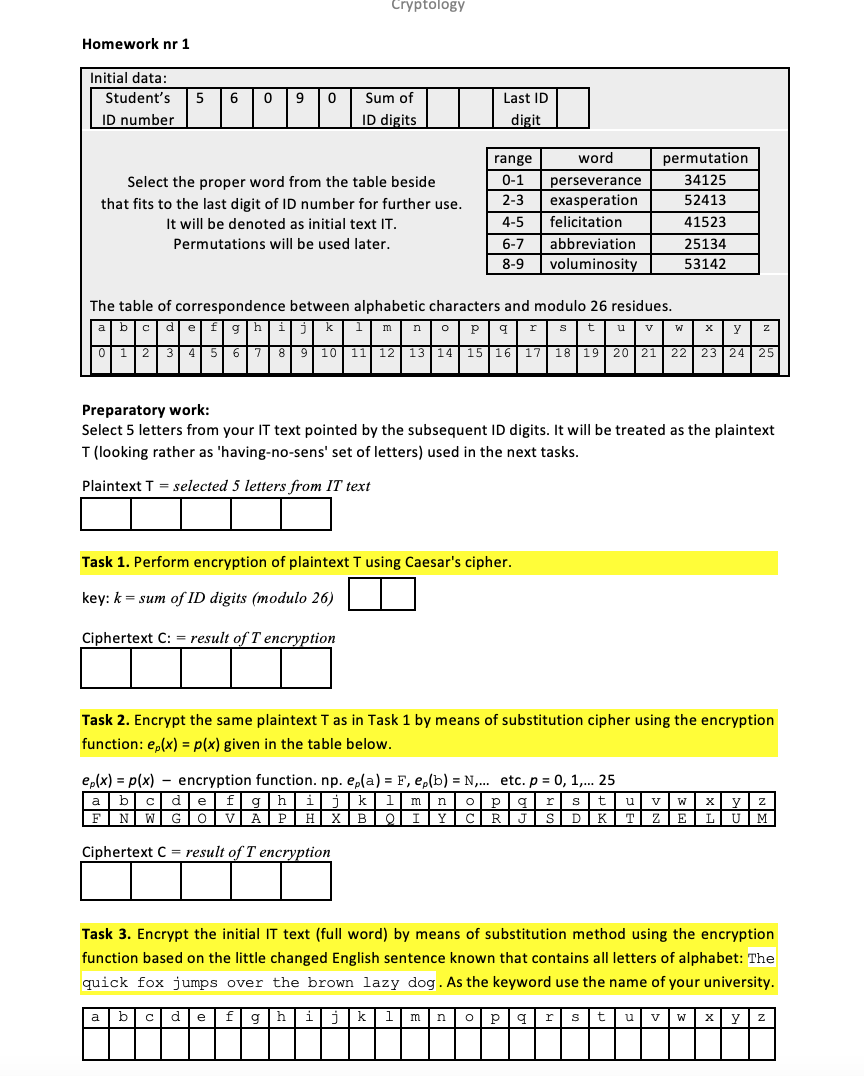 Solved Cryptology Homework nr 1 Initial data: Student's ID | Chegg.com