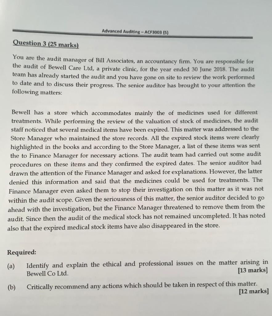 Solved Advanced Auditing - ACF3003 (5) Question 3 (25 Marks) | Chegg.com