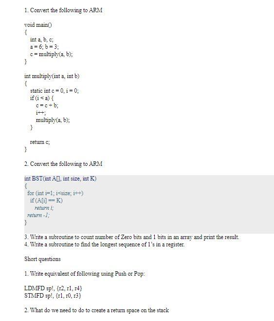 Please answer the following in ARMv7 Assembly using | Chegg.com