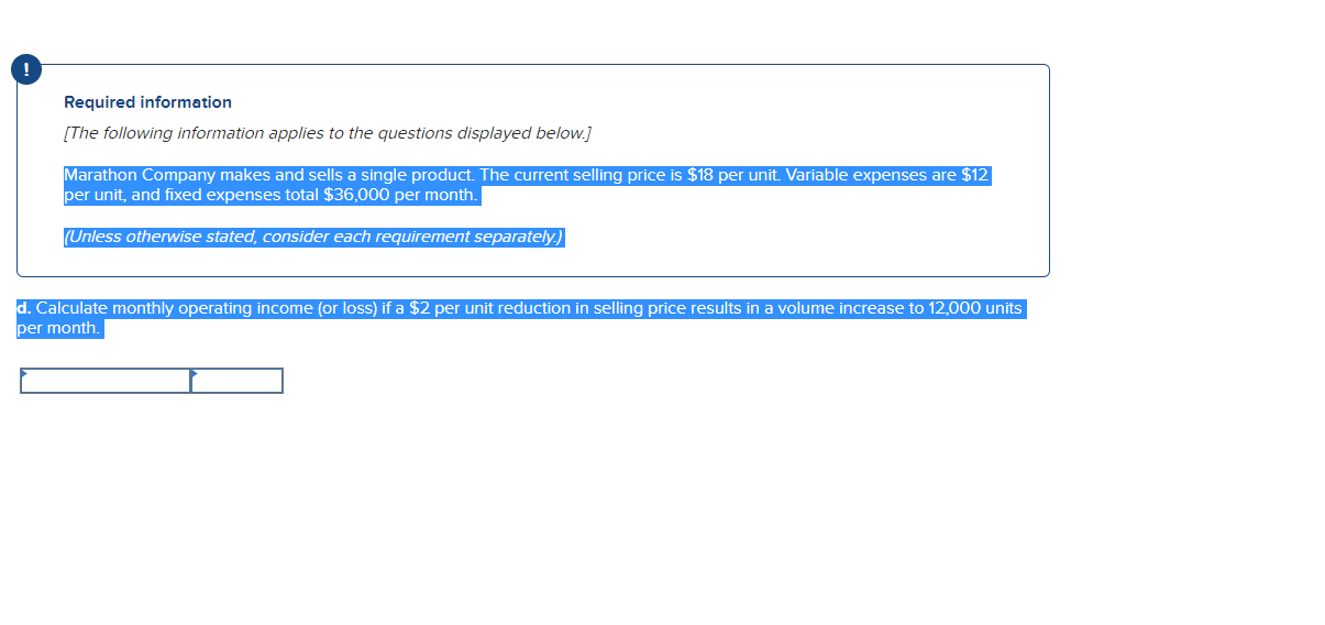 Required information
[The following information applies to the questions displayed below.]
Marathon Company makes and sells a