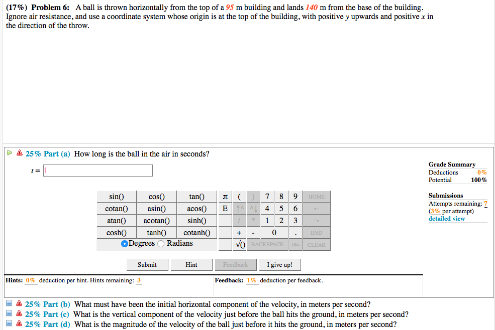 Solved (17%) Problem 6: A ball is thrown horizontally from | Chegg.com