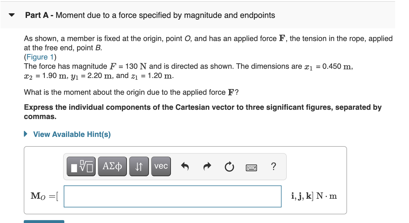 Solved Part A Moment Due To A Force Specified By Magnit Chegg Com
