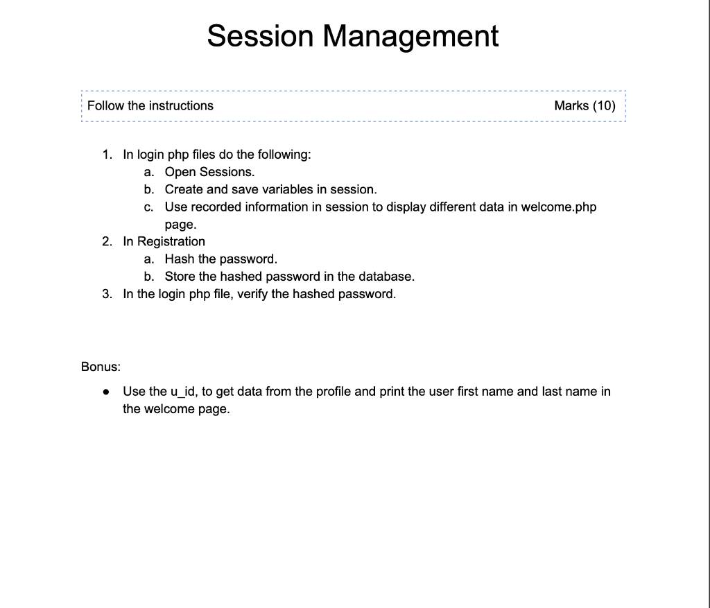 Session Management Follow The Instructions Marks 10 Chegg Com