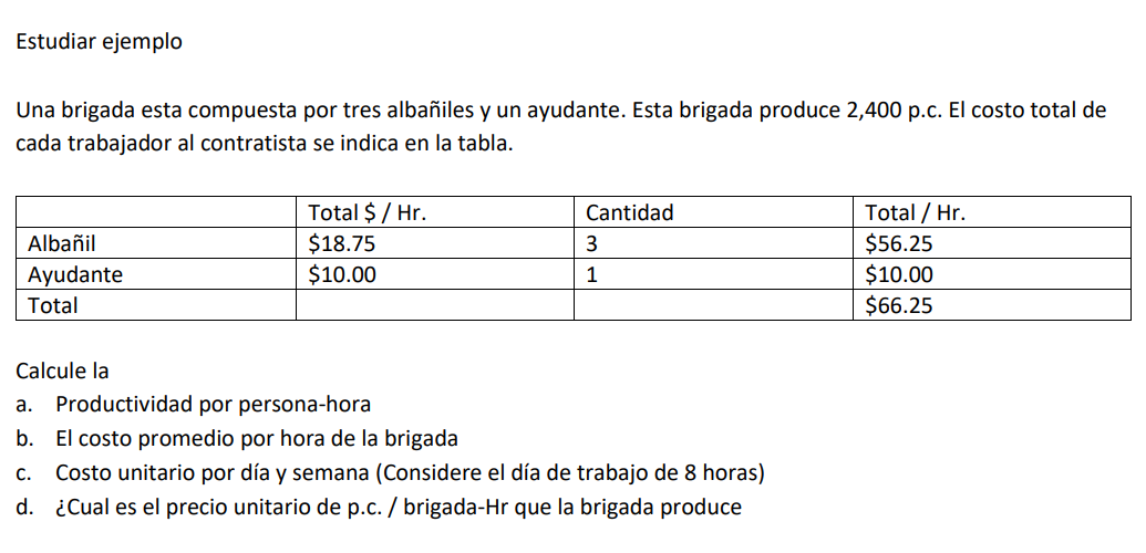 Una brigada esta compuesta por tres albañiles y un ayudante. Esta brigada produce 2,400 p.c. El costo total de cada trabajado