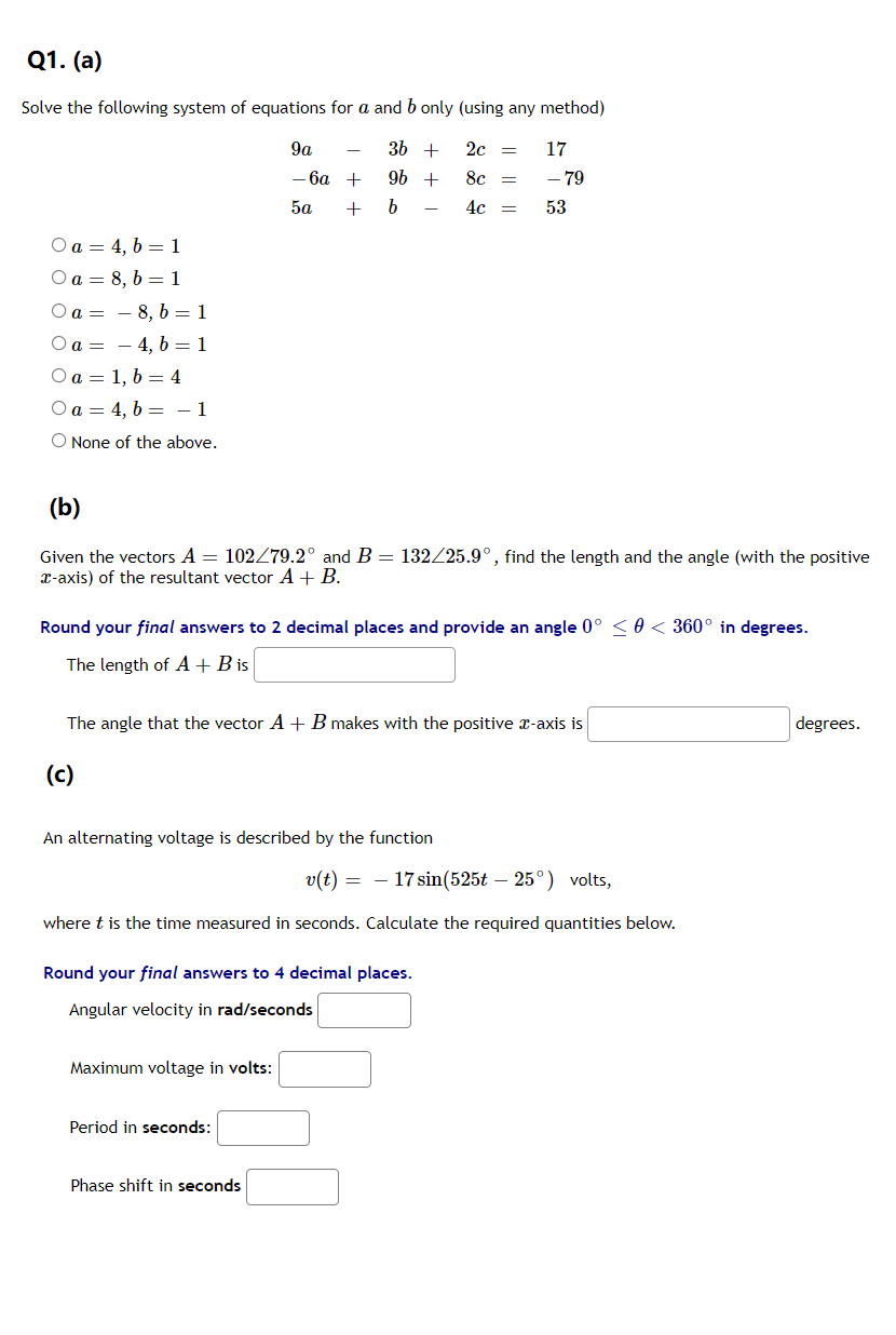Solved Q1. (a) Solve the following system of equations for a | Chegg.com