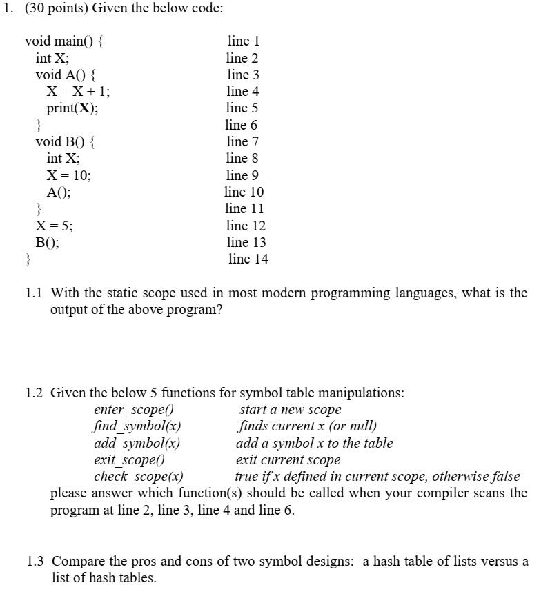 Solved 1. (30 points) Given the below code: void main() { | Chegg.com