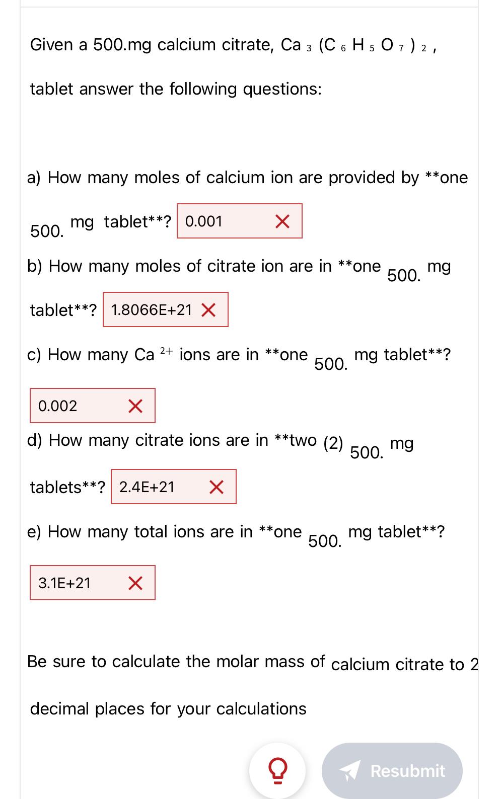 Solved Given a 500.mg calcium citrate, Ca3(C6H5O7)2, tablet