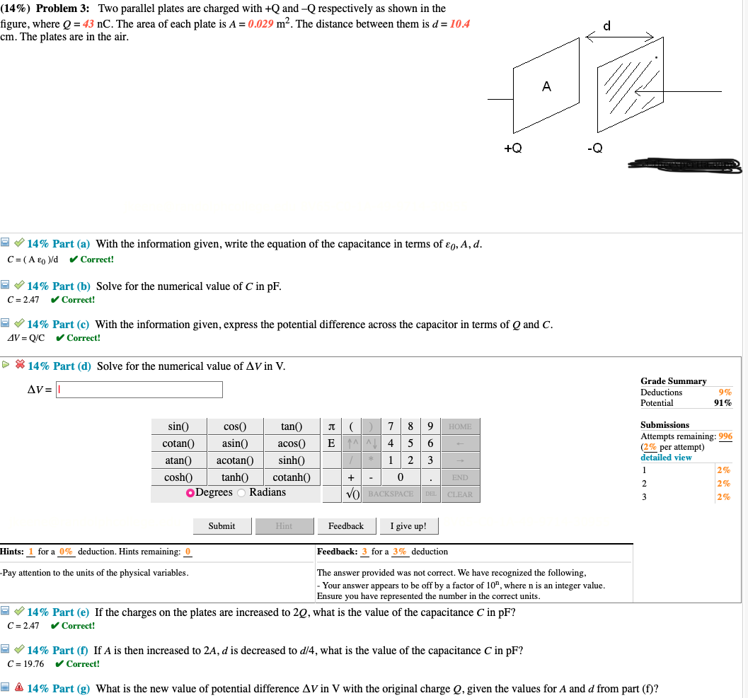 Solved (14%) Problem 3: Two parallel plates are charged with | Chegg.com