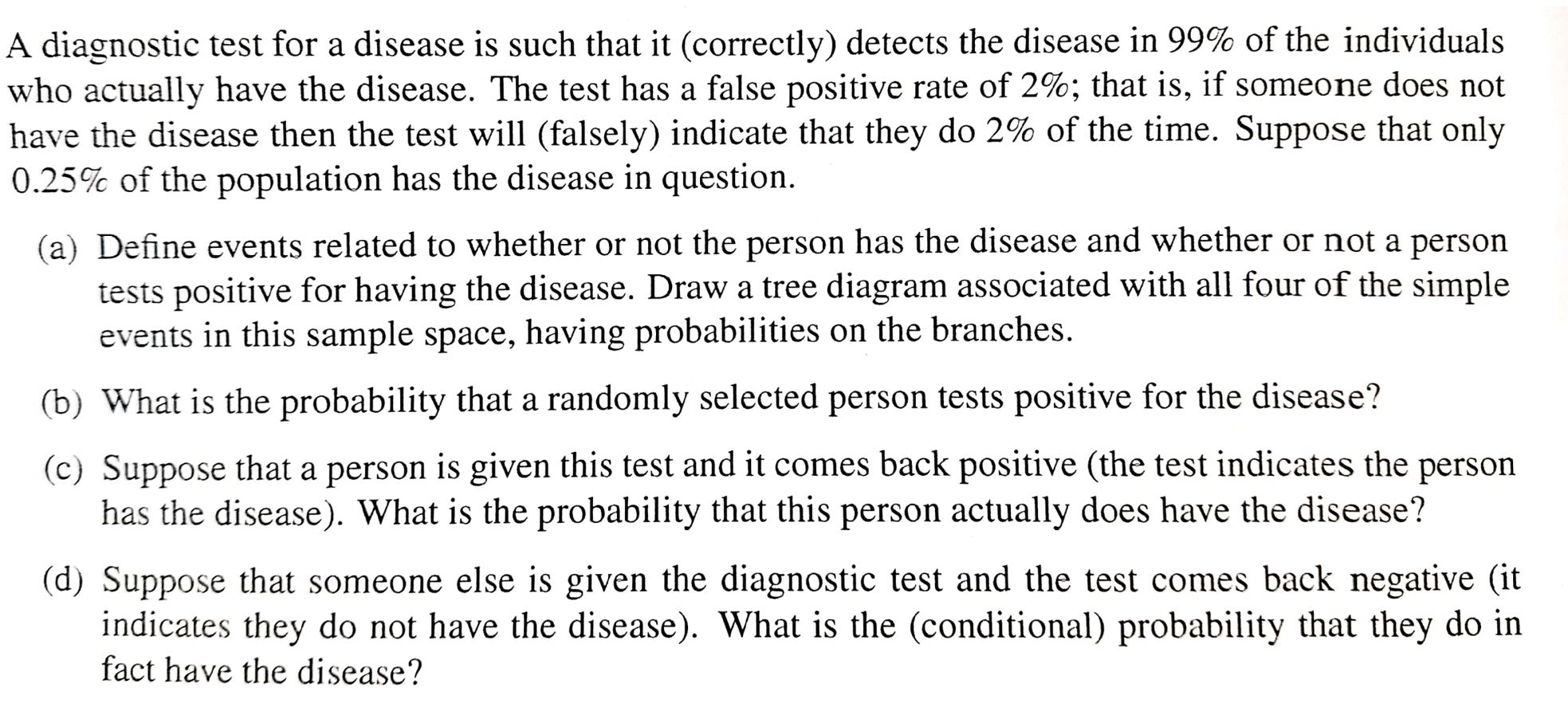 Solved A Diagnostic Test For A Disease Is Such That It | Chegg.com