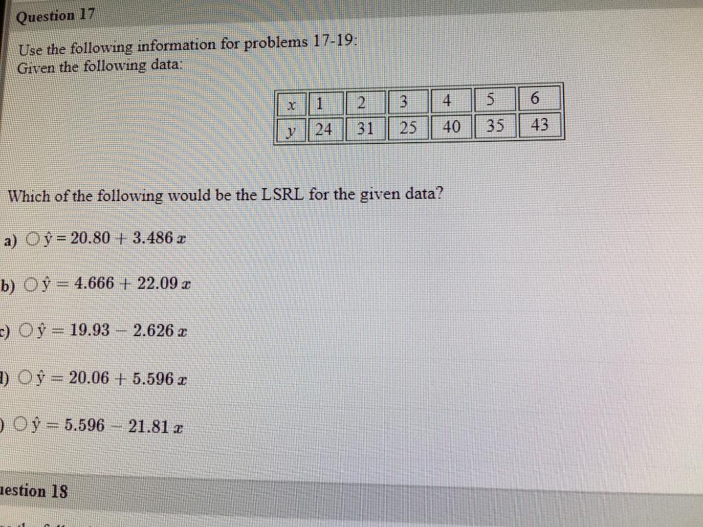 Solved Question 17 Use the following information for | Chegg.com