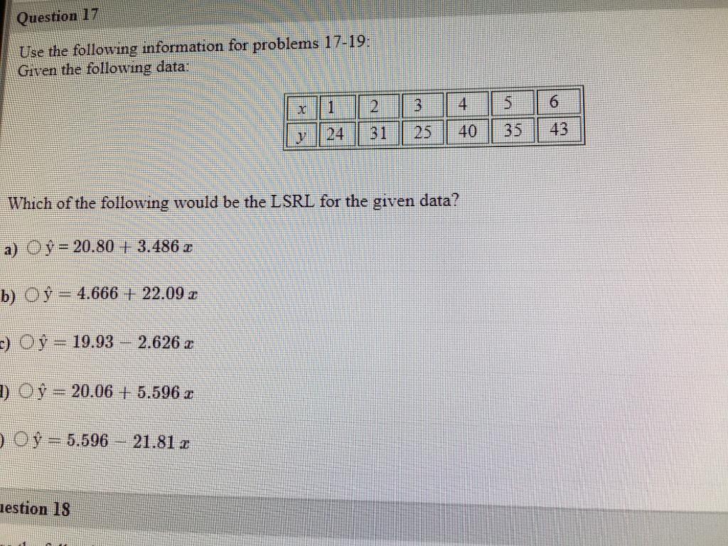 Solved Question 17 Use The Following Information For | Chegg.com