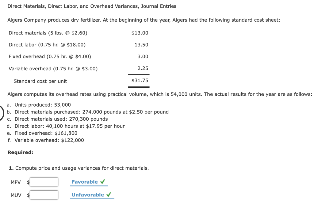 Solved Direct Materials, Direct Labor, and Overhead