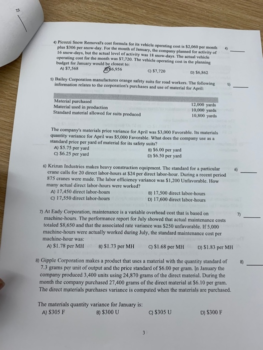 Solved Picozzi Snow Removalrs cost formula for its vehicle