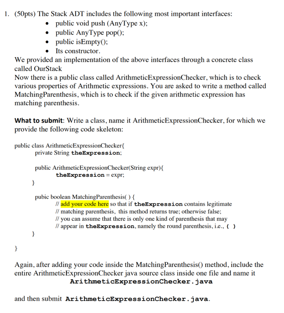 Solved . 1. (50pts) The Stack ADT includes the following | Chegg.com