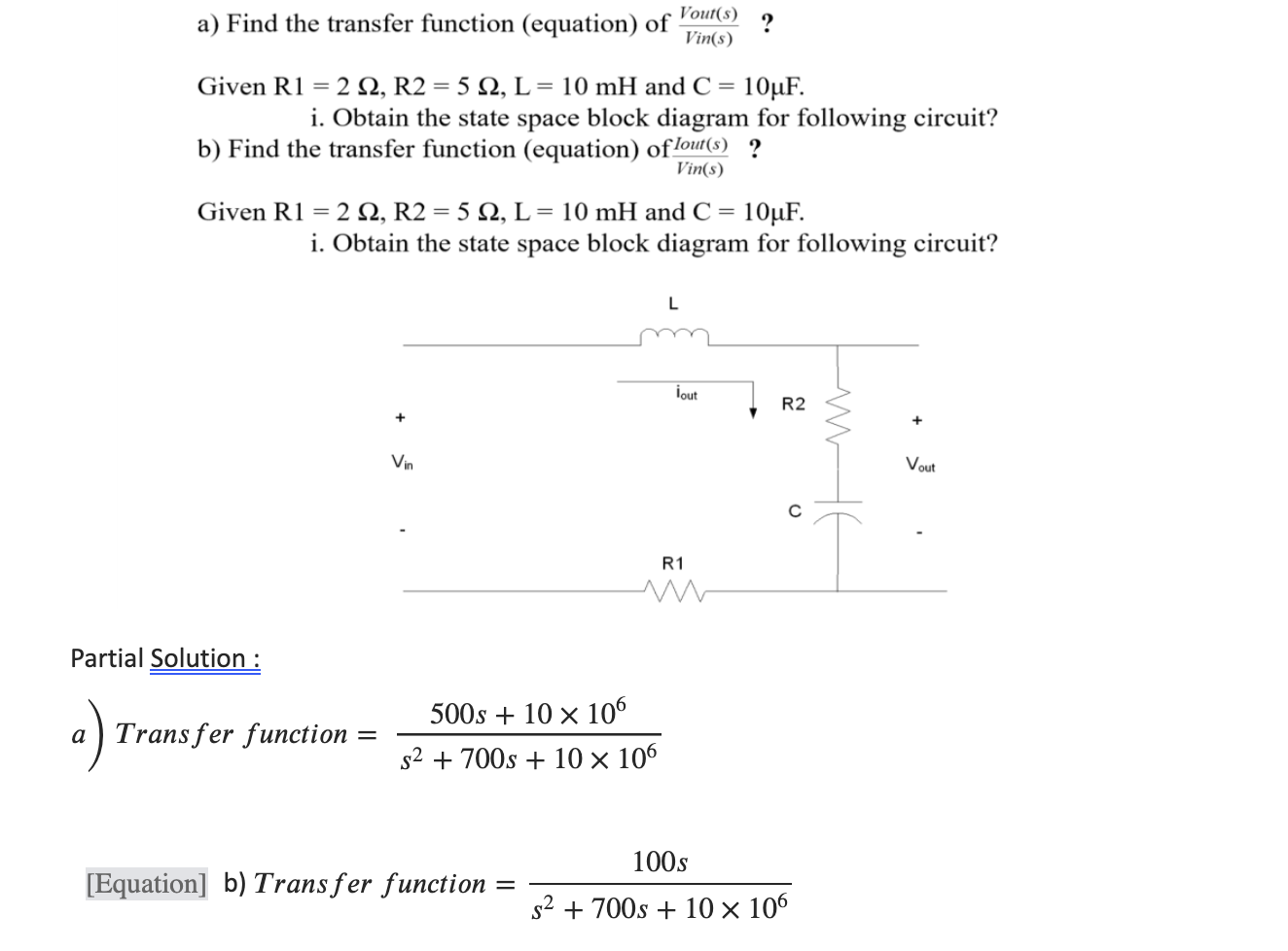 Solved Vout(s) A) Find The Transfer Function (equation) Of | Chegg.com