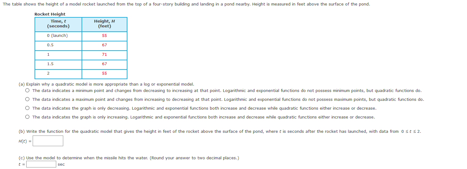 Solved The table shows the height of a model rocket launched | Chegg.com