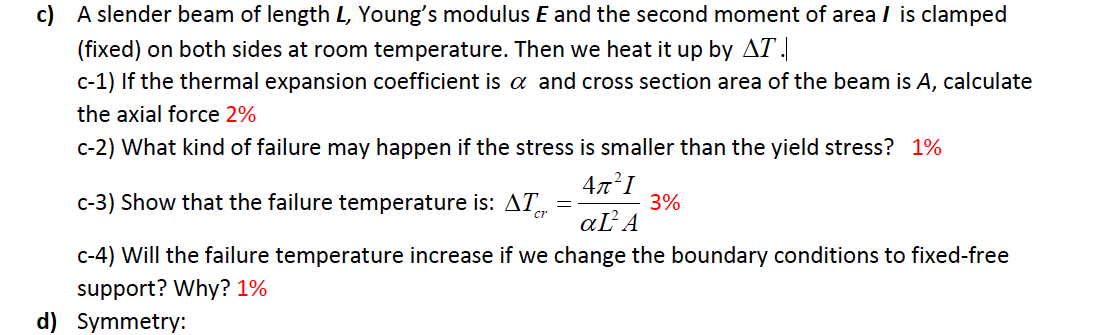Solved c) A slender beam of length L, Young's modulus E and | Chegg.com