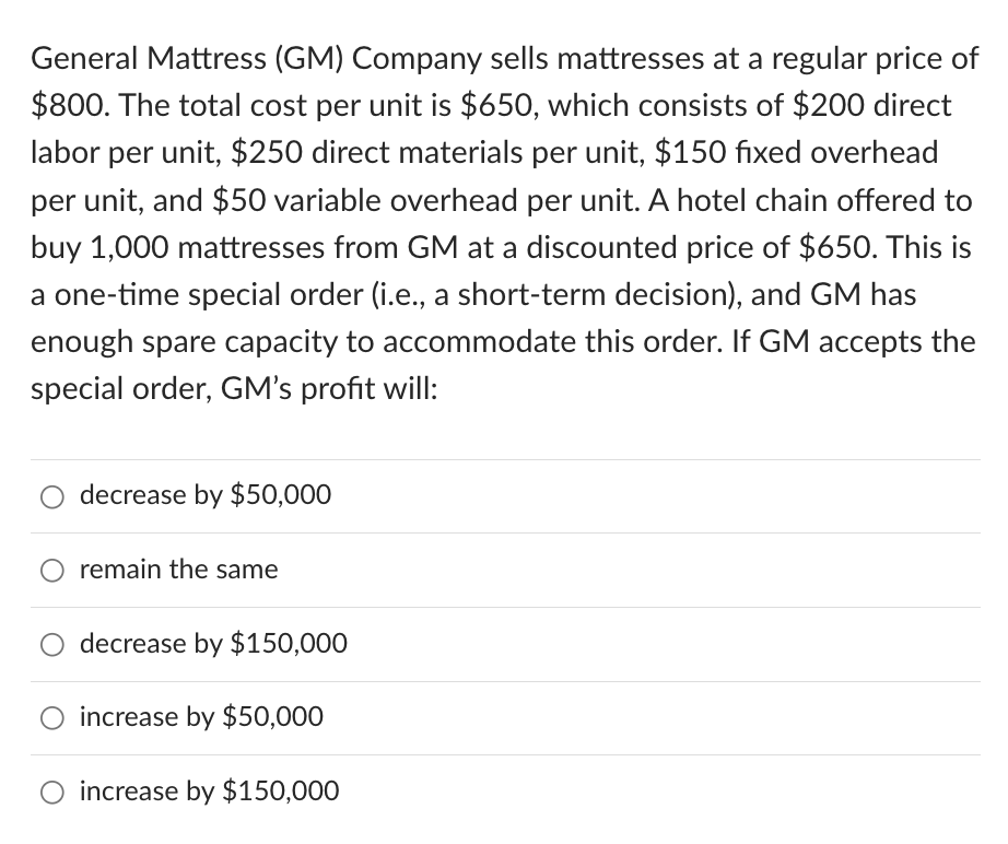 Solved General Mattress (GM) Company sells mattresses at a