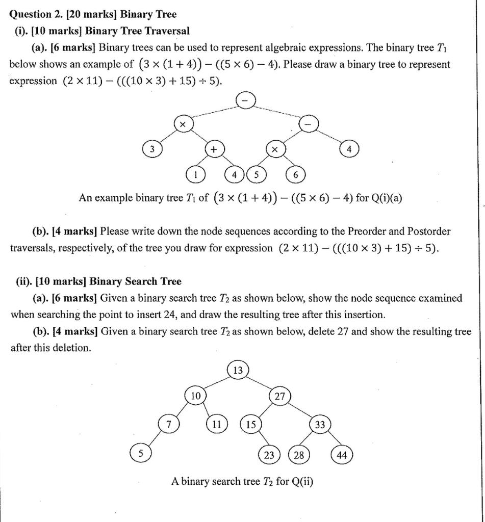 Question 2. [20 marks] Binary Tree (i). [10 marks] | Chegg.com