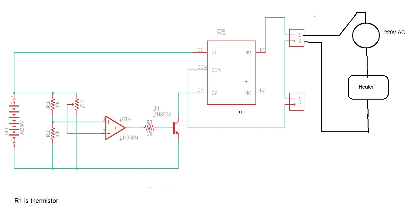 220V AC C1 NO Heater 71 2N3904 1C1A R3 AB9V w G1 R2 WWW Ik LM358N R1 is thermistor