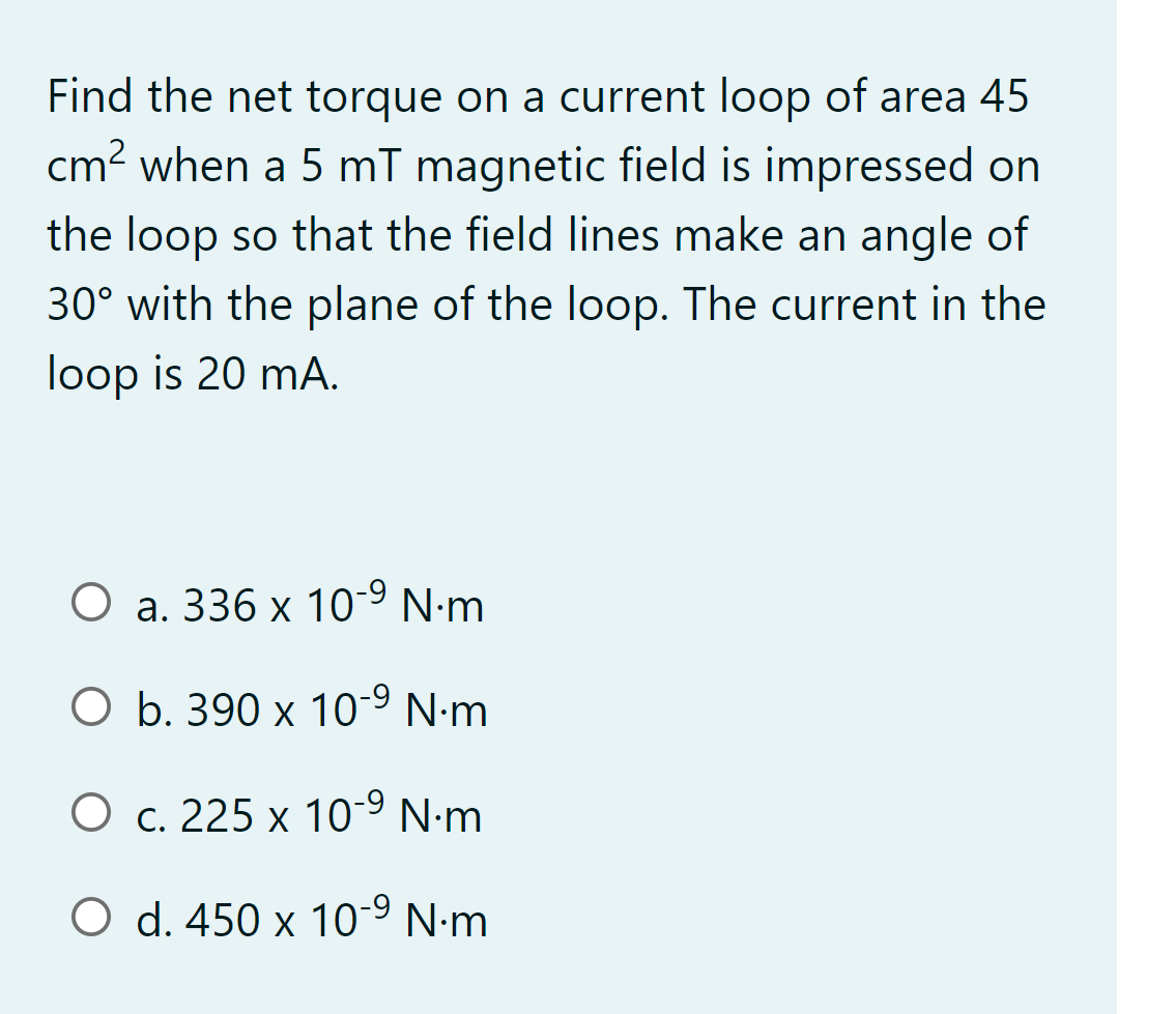 Solved Find the net torque on a current loop of area 45 cm2 | Chegg.com