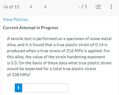 Solved A tensile test is performed on a specimen of some | Chegg.com