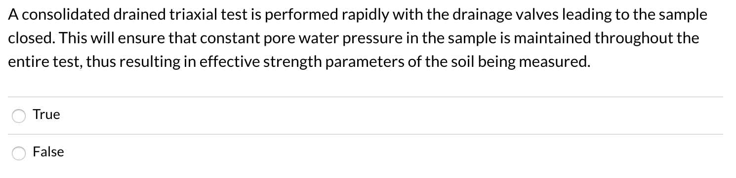 A consolidated drained triaxial test is performed rapidly with the drainage valves leading to the sample closed. this will en