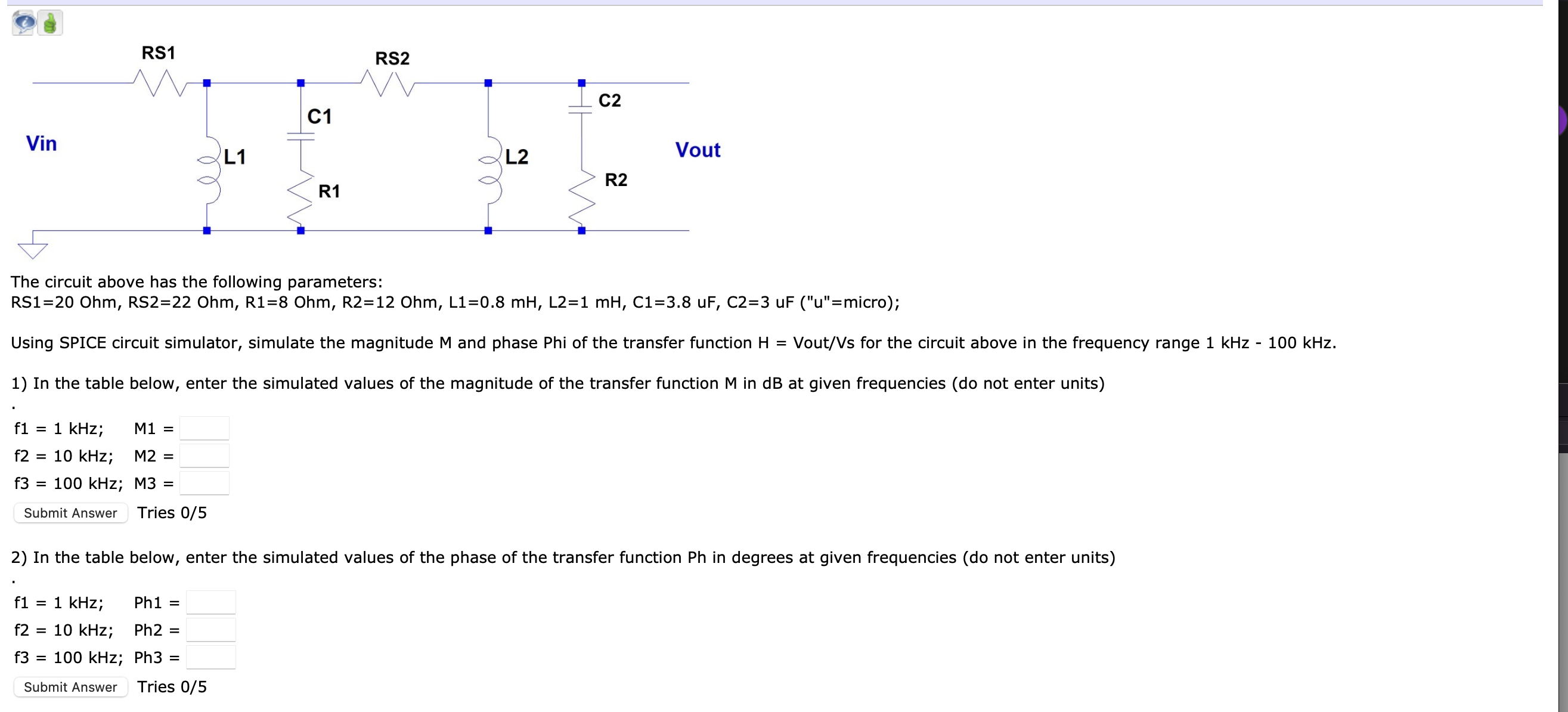 Solved The Circuit Above Has The Following Parameters 8309