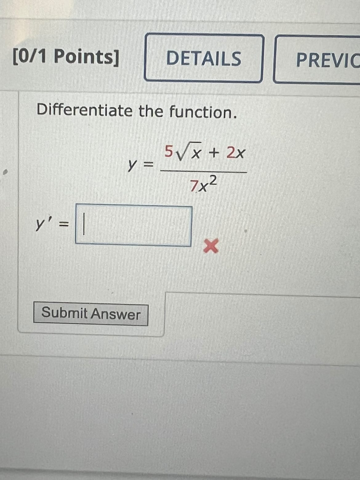 Solved Differentiate The Function Y 5x2 2x7x2