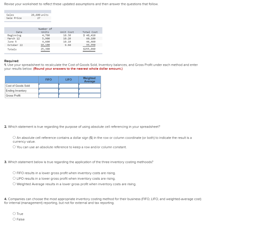 Solved Revise your worksheet to reflect these updated | Chegg.com