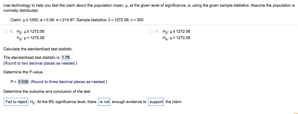 Solved Use technology to help you test the claim about the | Chegg.com