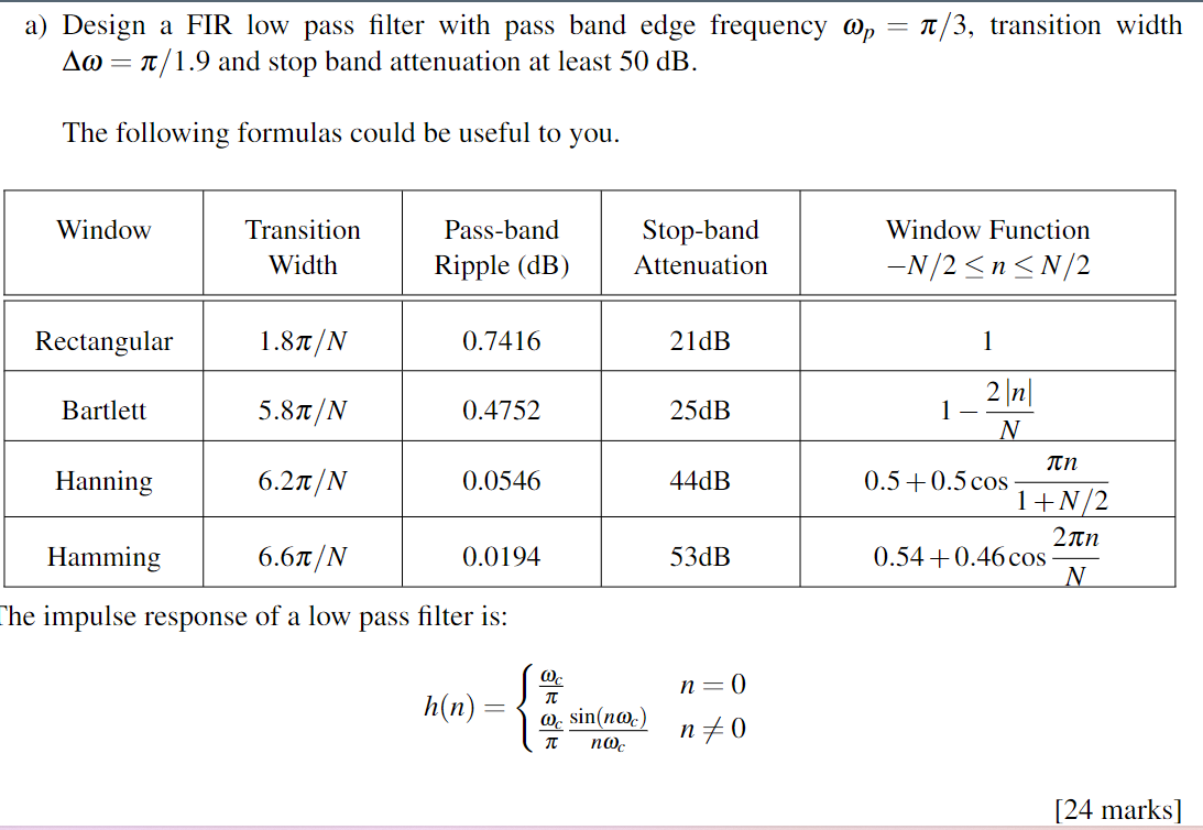 Solved a) Design a FIR low pass filter with pass band edge | Chegg.com