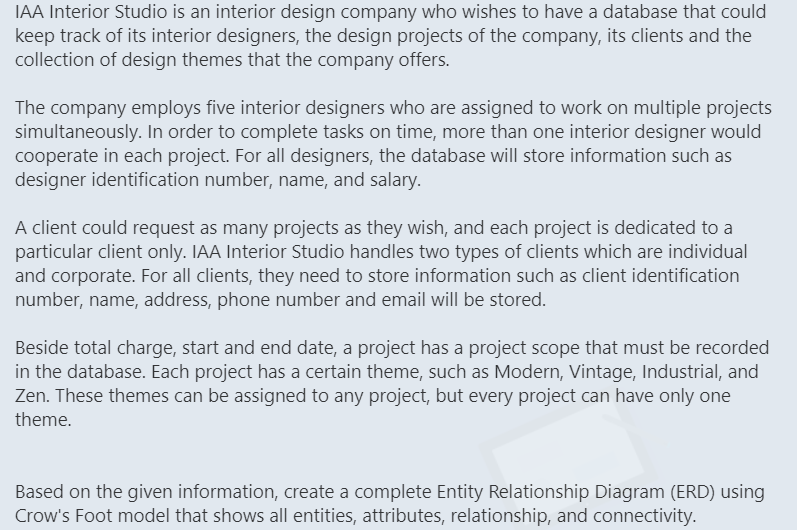 Solved IAA Interior Studio is an interior design company who | Chegg.com