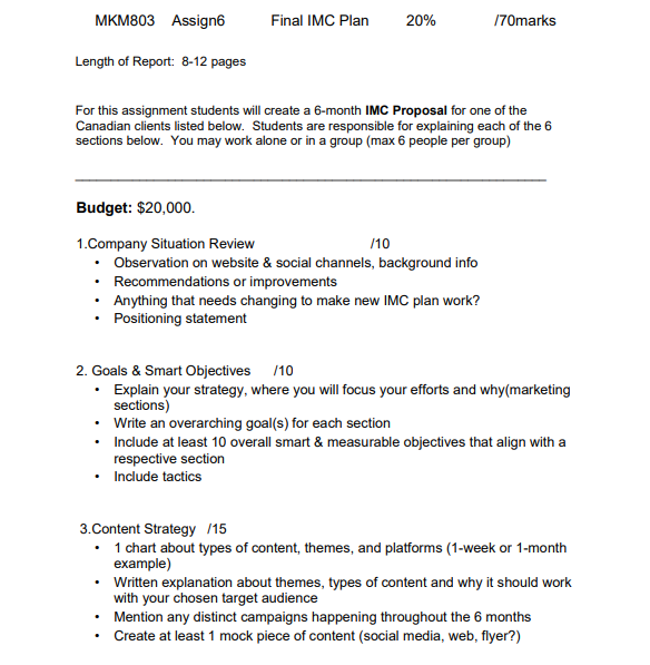 MKM803 Assign6 Final IMC Plan 20% /70marks Length of | Chegg.com