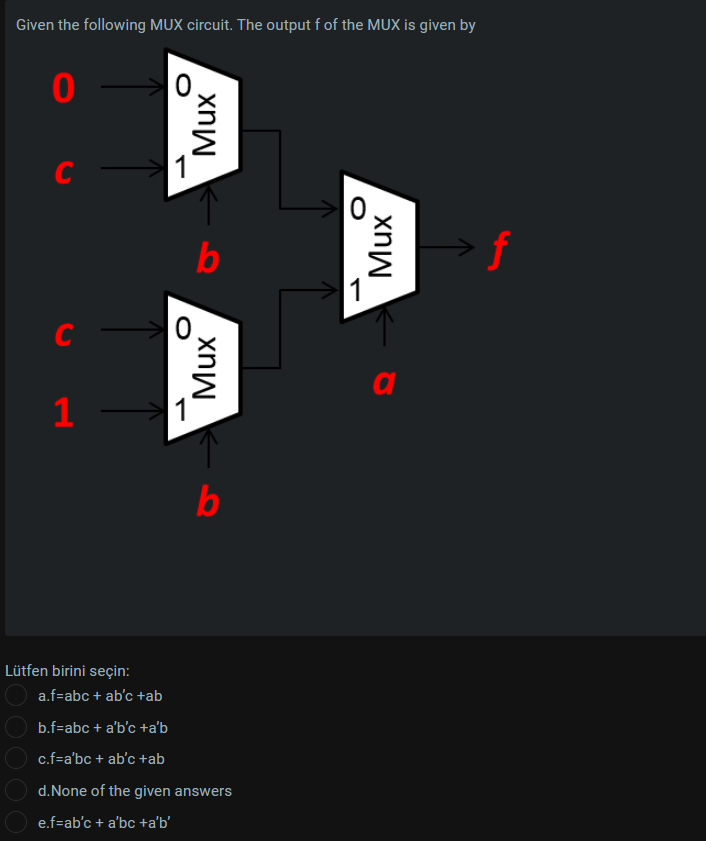 Solved Given the following MUX circuit. The output f of the | Chegg.com