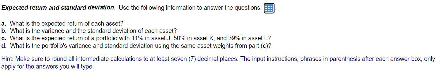 Solved Expected Return And Standard Deviation. Use The | Chegg.com